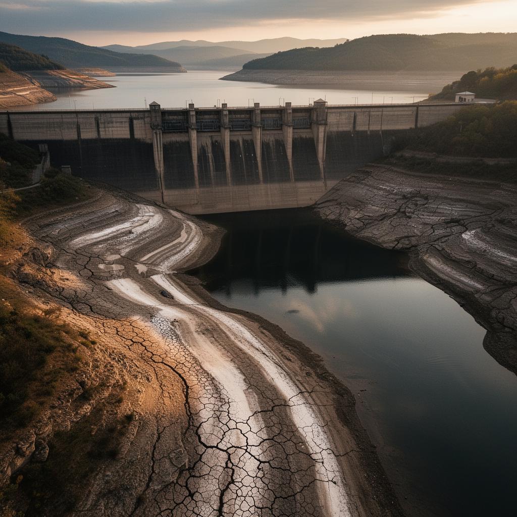 Depleted reservoir with bathtub ring behind a hydropower dam