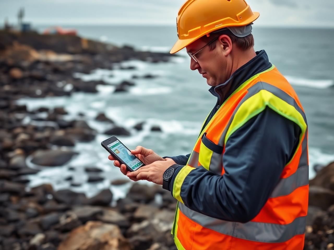 Field engineer on a coastline checking data on a phone