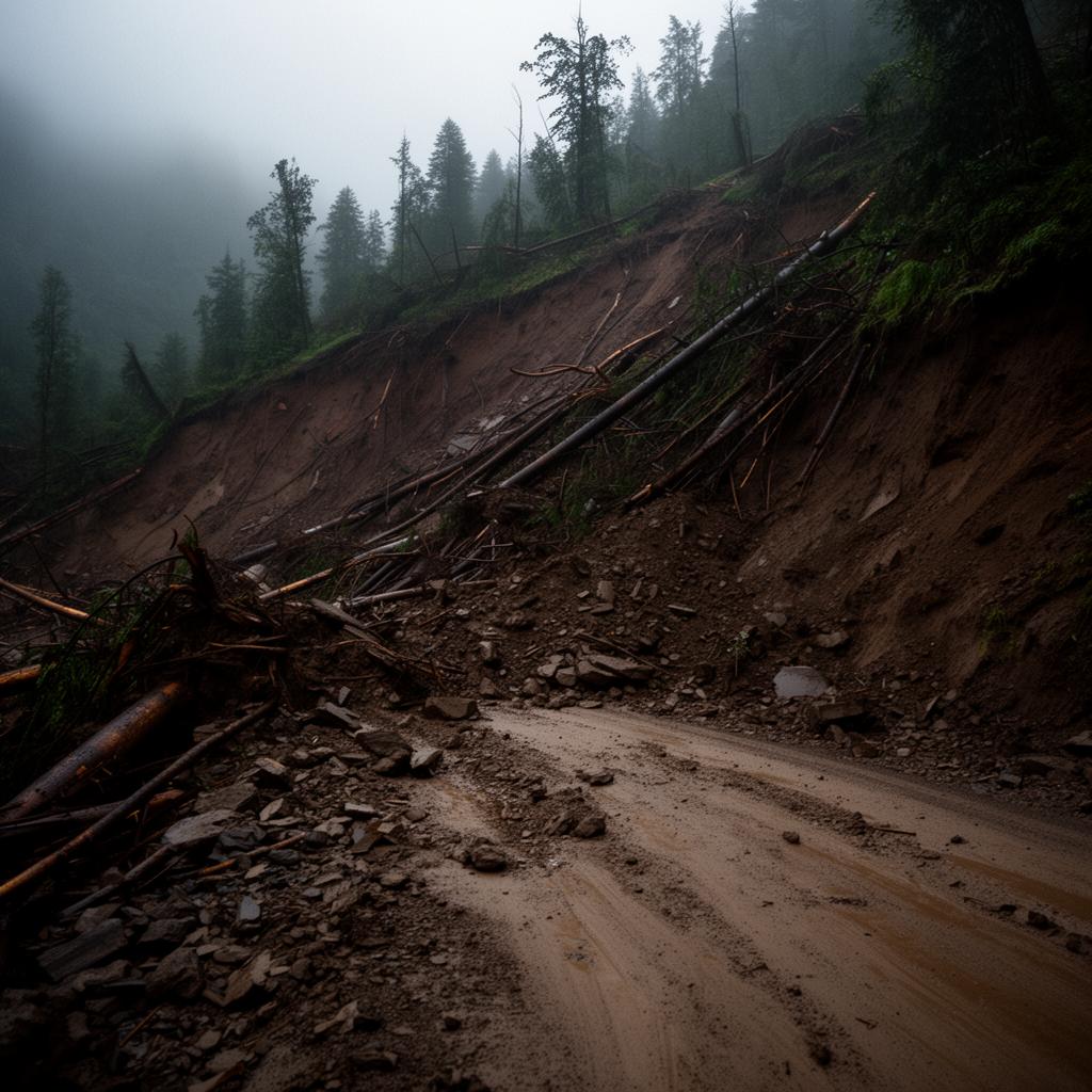 Landslide debris across a mountain road
