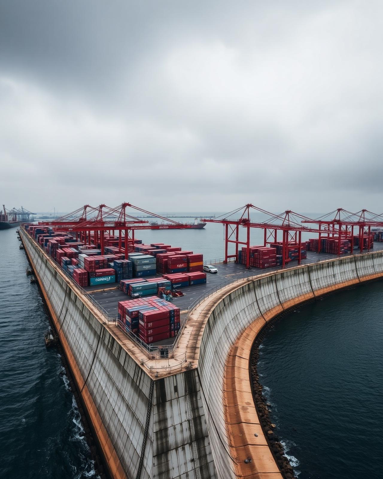 Container port with raised quay and sea wall