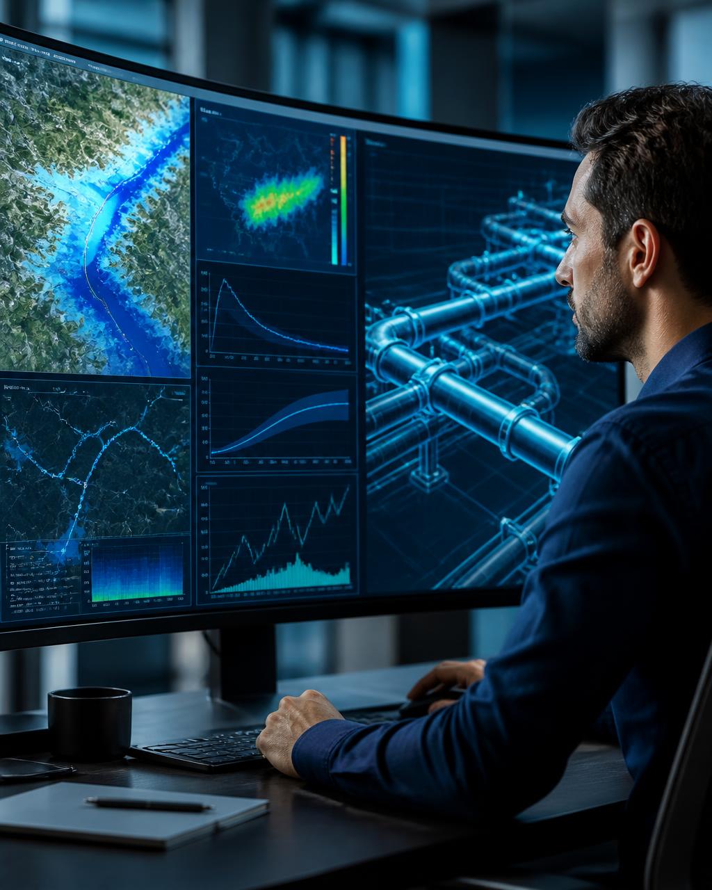 Risk analyst reviewing probability curves and flood maps